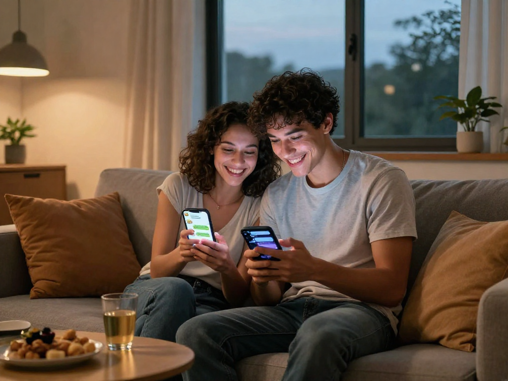 Couple enjoying playful sexting AI conversations in a cozy living room.