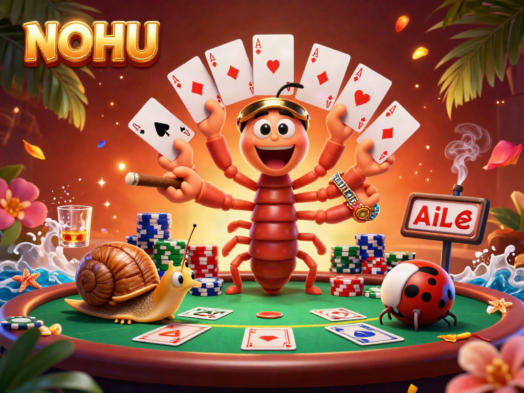 Experience thrilling actions at NOHU casino with this vibrant 3D scene showcasing colorful poker elements and lively characters.