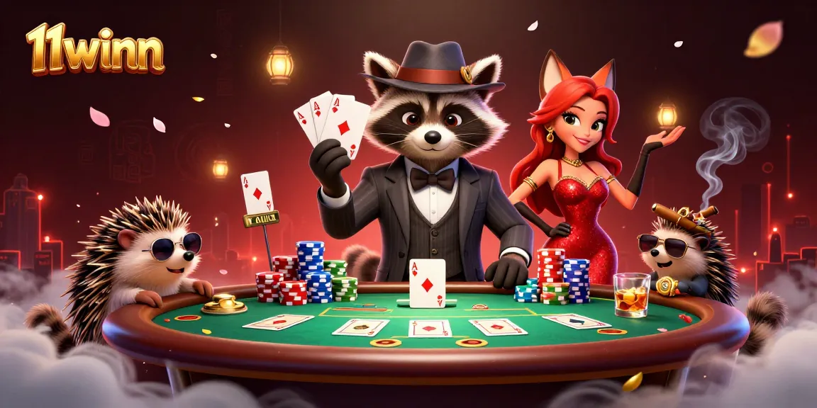 Visualize a high-stakes poker scene with charming characters at 11winn, highlighting royal flush action.