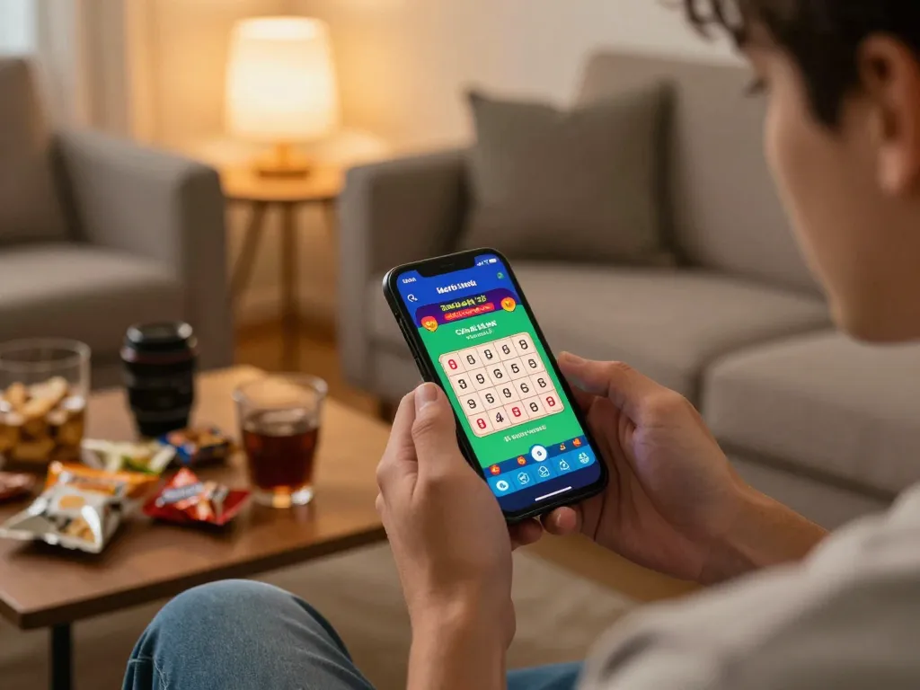 Engaging with app tài xỉu online uy tín during cozy home evening gaming session, showcasing gameplay on smartphone.