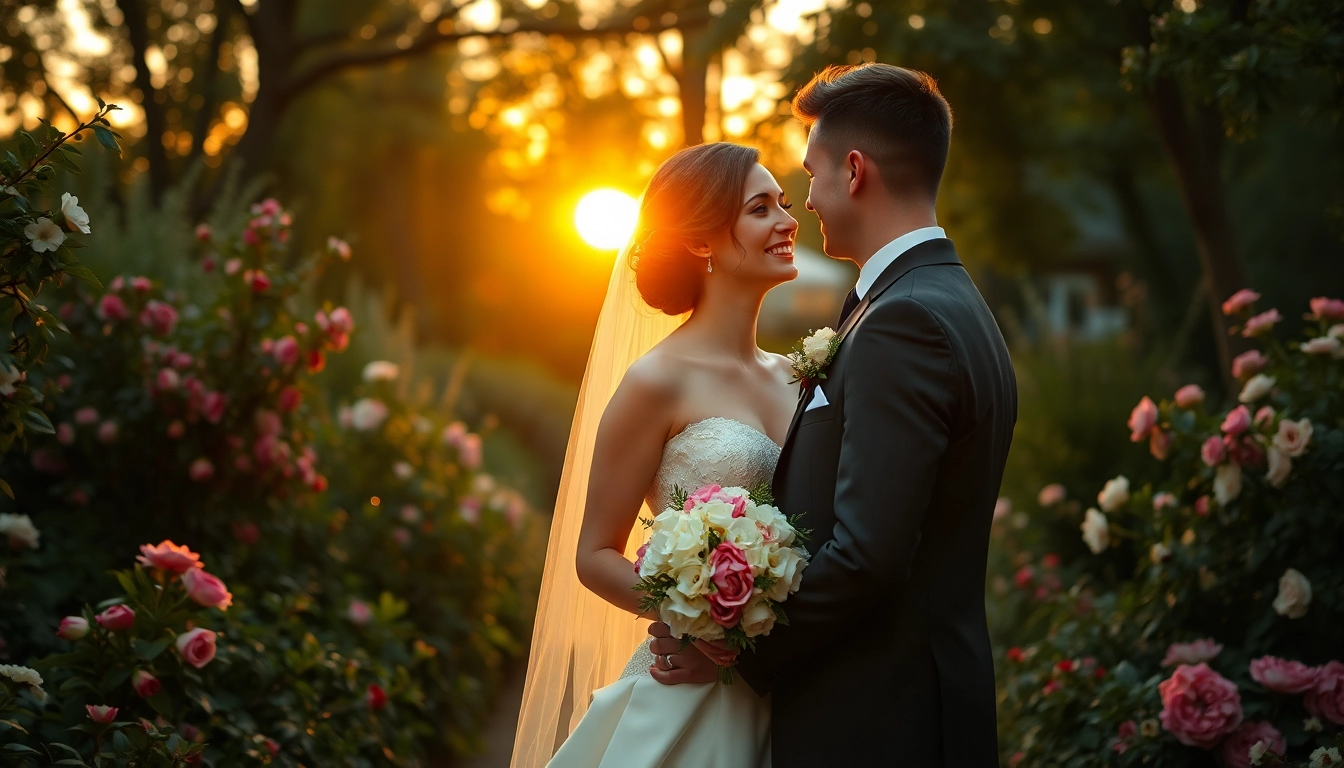 Captivating scene of a bride and groom during Wedding photography, surrounded by a magical garden.
