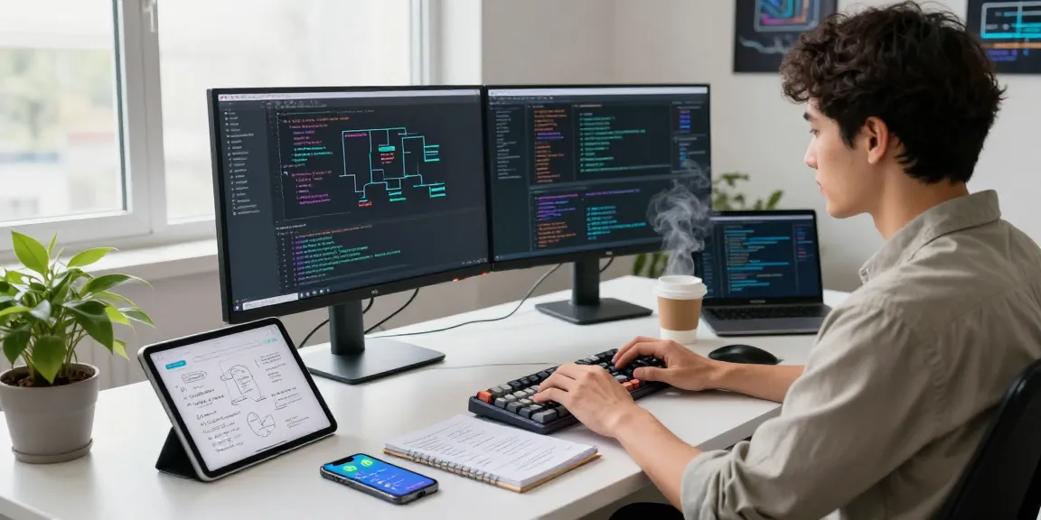 Open claw AI software development workspace with a programmer coding and managing tasks on dual monitors.