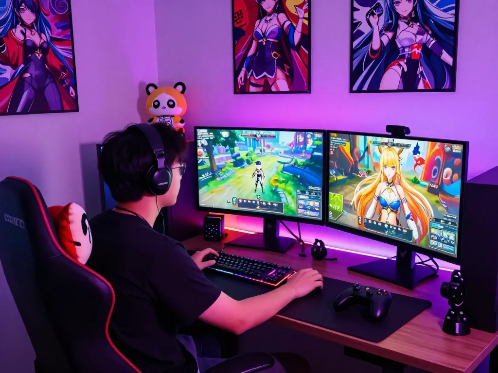 Engaging gameplay in a vibrant hentai game setup with character designs and gaming decor.
