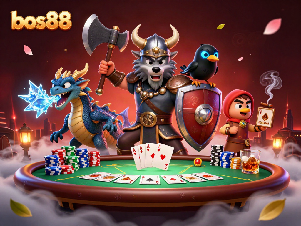 Memenangkan permainan di bos88 dengan karakter Viking, naga, dan burung gagak di meja poker.