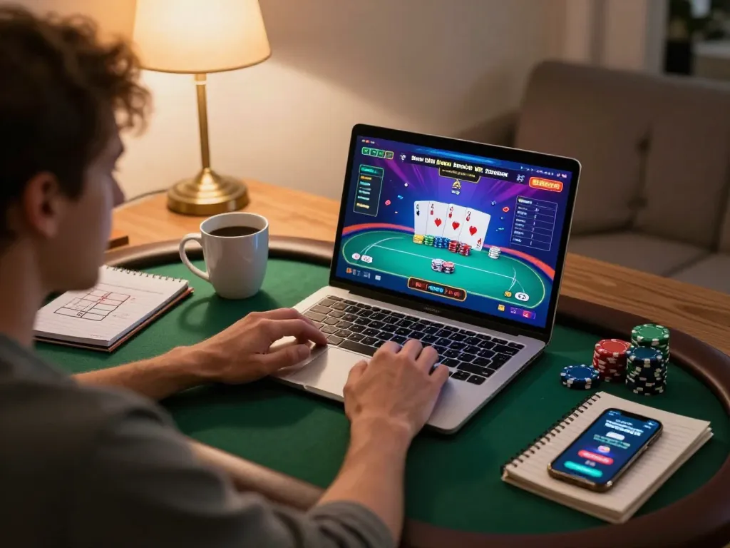 Player engaged in casino italiani non aams gameplay at home with vibrant poker interface on laptop.