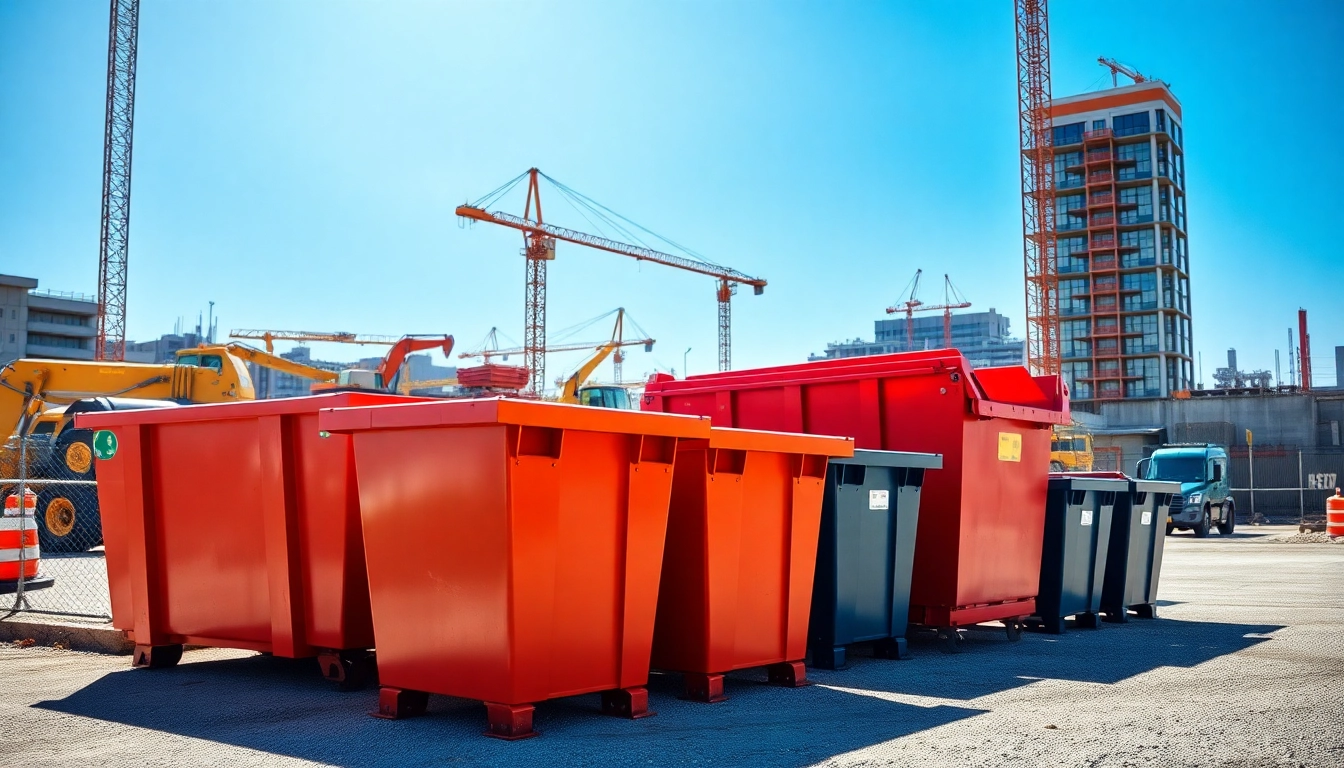 Efficient roll off bins organized at a construction site with bright natural lighting.