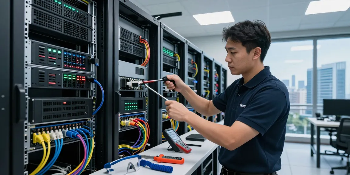 Technician connecting C19/C20 power connector in modern data center