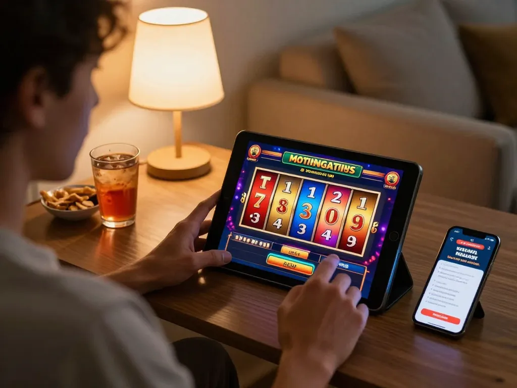 Player enjoying situs slot gacor game on a tablet in a cozy living room