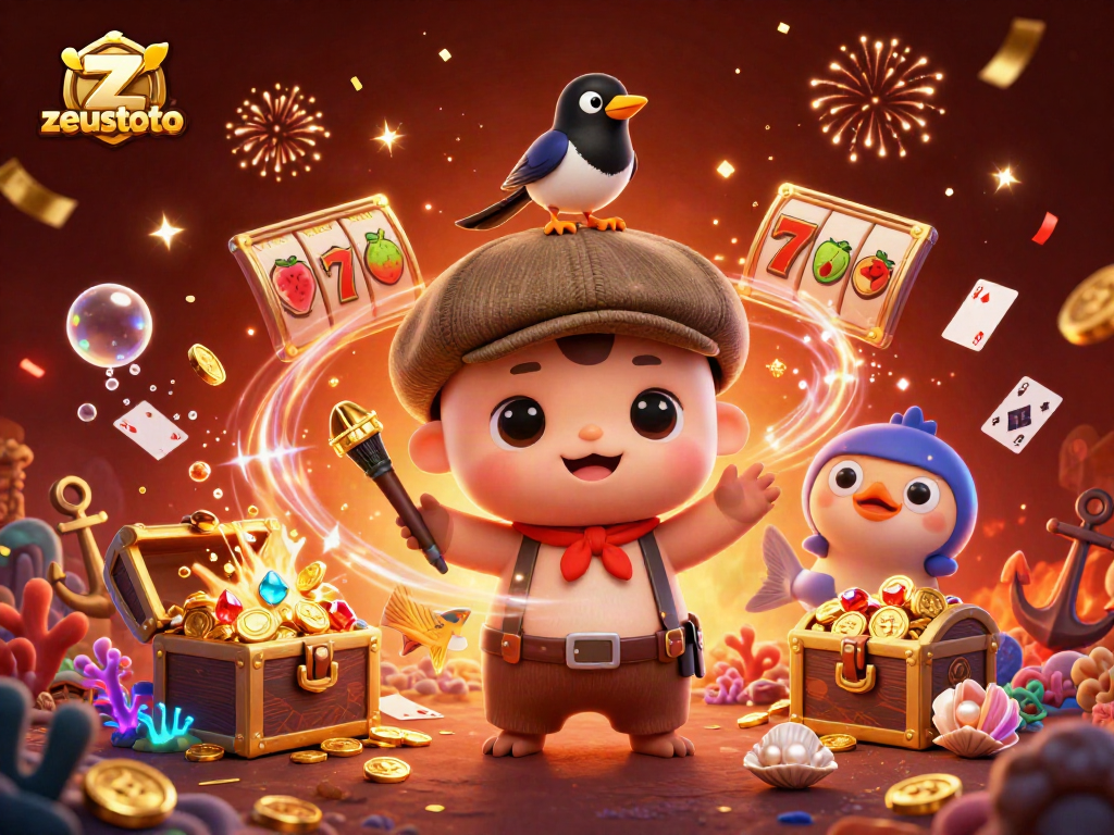 Experience thrilling wins with zeustoto as 3D cartoon characters celebrate in a colorful casino underwater scene.