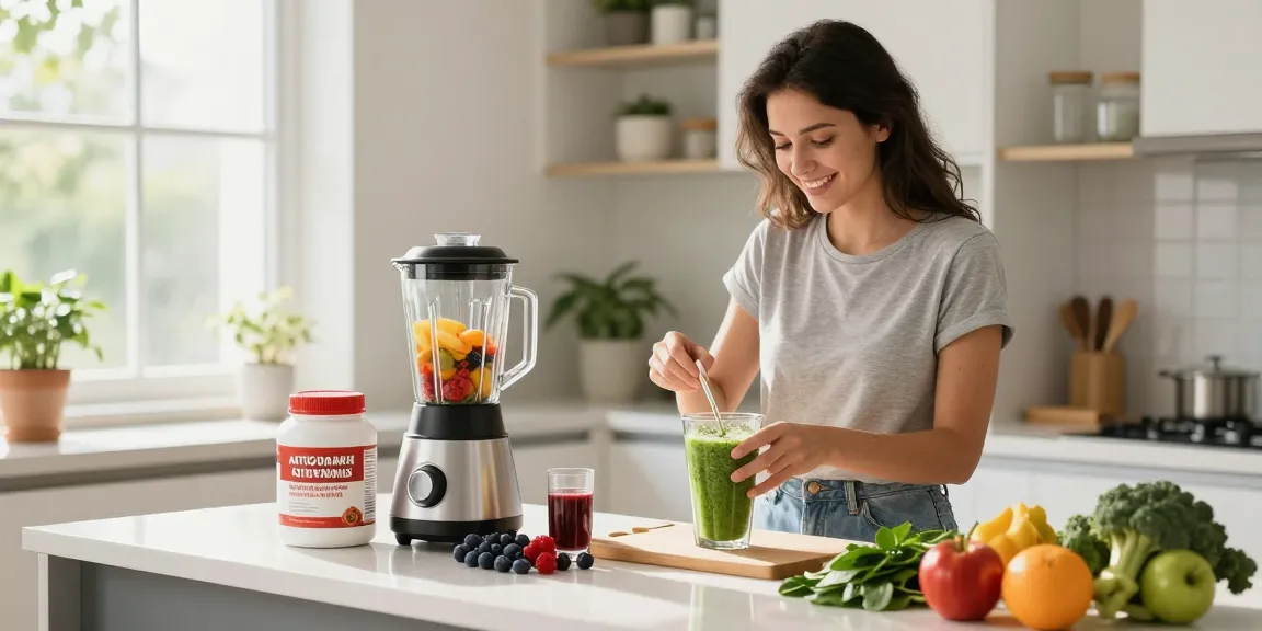 Creating a nutritious smoothie with antioxidant supplement Canada highlighted on the kitchen countertop