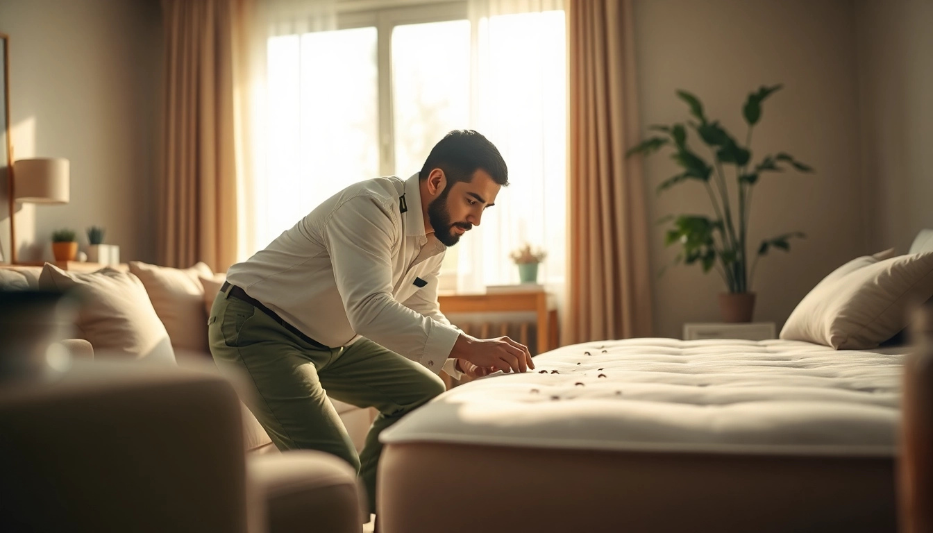 Experienced bedbugs exterminator near me inspecting a mattress in a well-lit living room.
