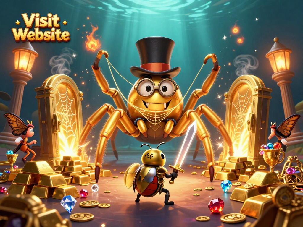 Engage with the captivating scene showcasing a golden tarantula weaving a web in a casino theme. Visit Website for more!