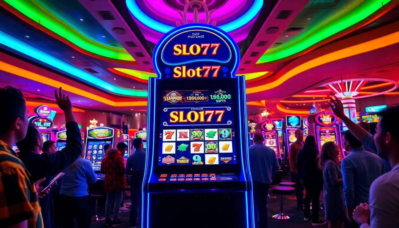 Menang di Slot77 dengan mesin slot berwarna cerah dan pemain bahagia di kasino.
