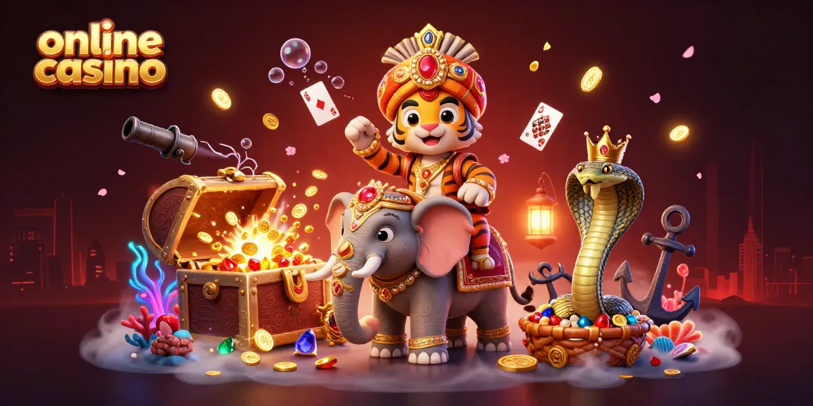 Experience excitement with a vibrant online casino scene featuring a maharaja, elephant, and glowing treasures.
