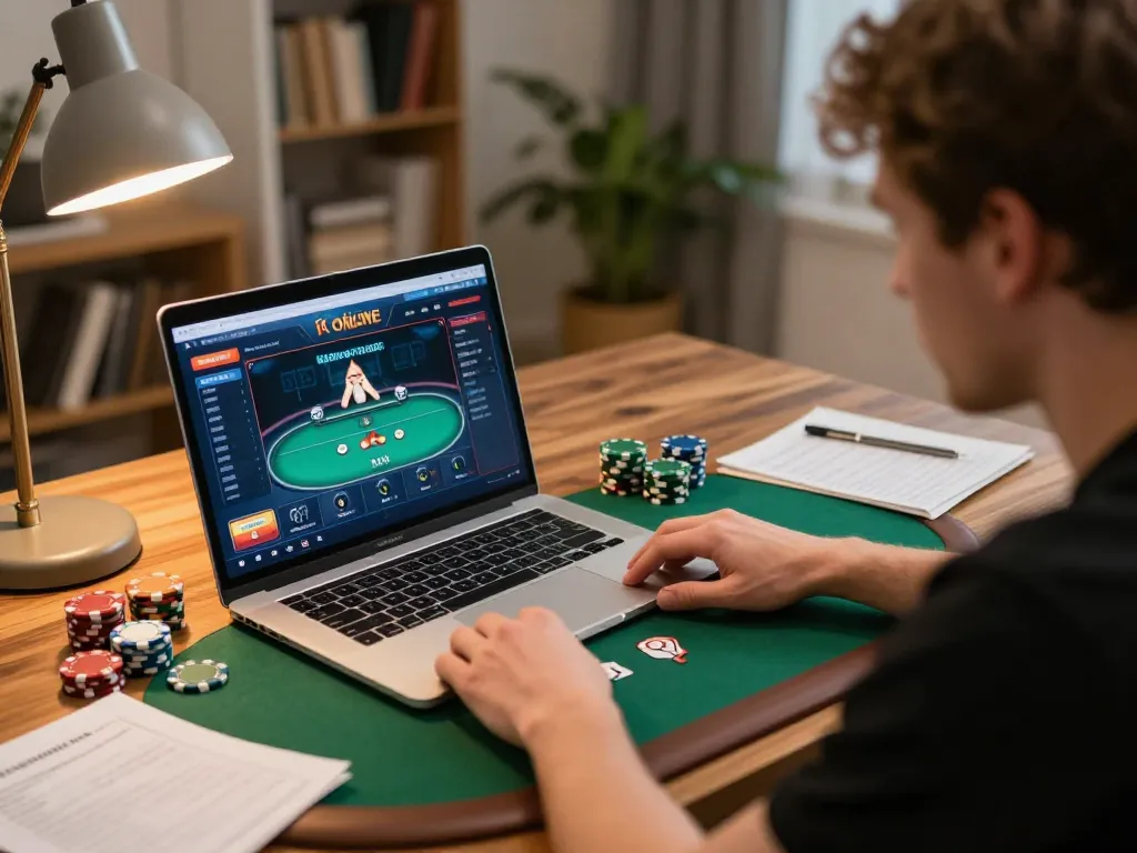 Engaging scene of a player enjoying Poker Online at home with chips and strategy notes