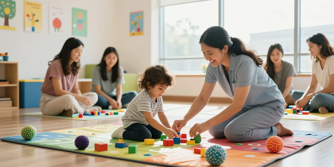 Occupational therapy session enhancing motor skills for children in a warm, supportive environment.