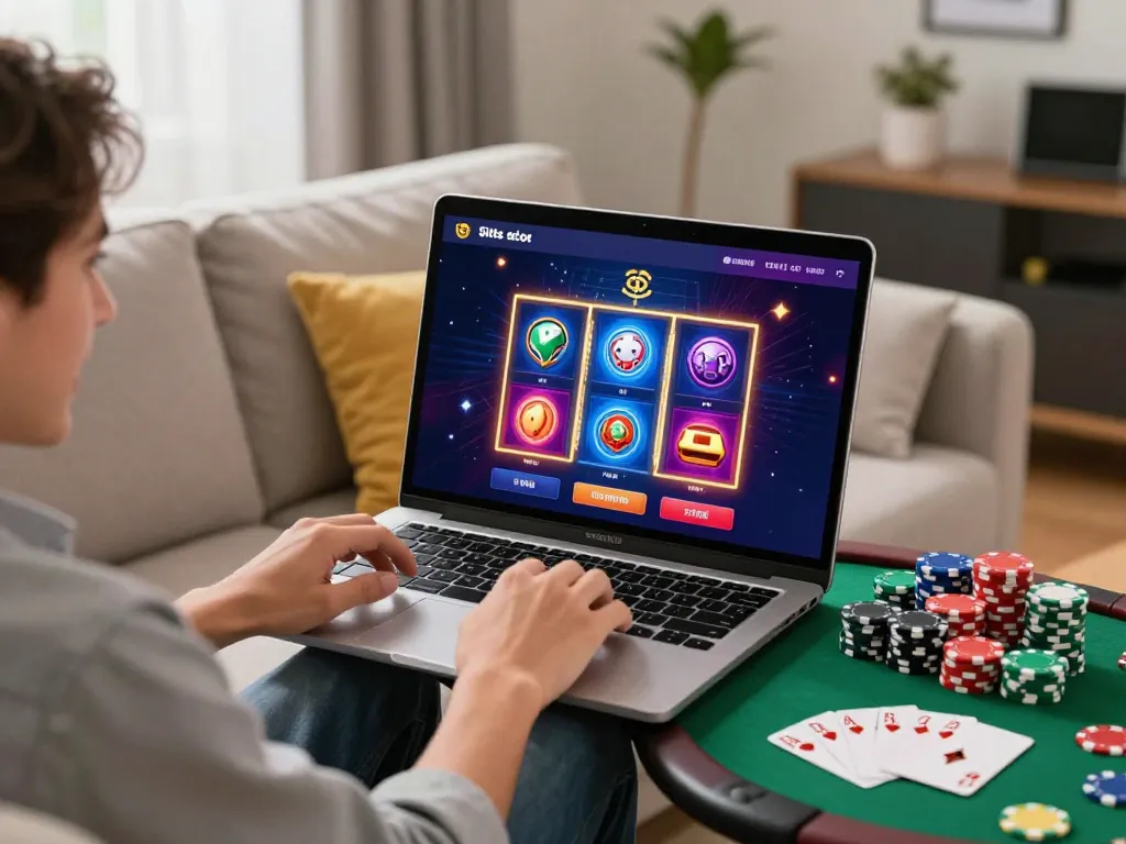 Dalam suasana permainan digital yang menarik menampilkan situs slot gacor di laptop dengan ikon mesin slot yang cerah.