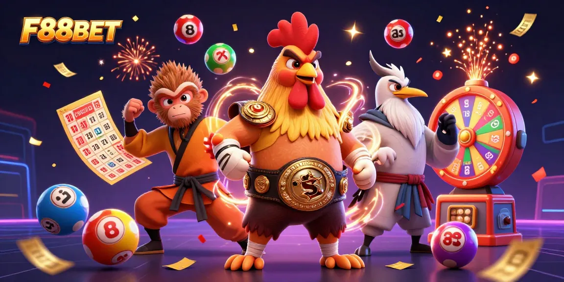 Engage with F88BET through a vibrant 3D digital illustration showcasing exciting gaming elements and characters.