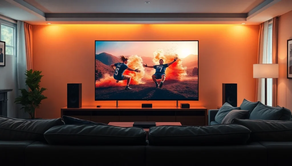 Watch stunning action scenes on iron tv with a sleek modern home entertainment setup.