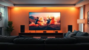 Watch stunning action scenes on iron tv with a sleek modern home entertainment setup.
