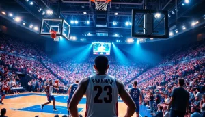 nba중계 중의 큰 농구 경기 장면, 응원하는 관중들과 선수들 포함