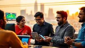 Engaged group analyzing online sportsbooks India on digital devices amidst a vibrant urban backdrop.