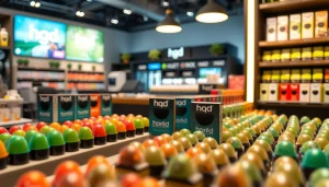 Die hqd pods in verschiedenen Farben auf einem modern gestalteten Verkaufsregal präsentieren