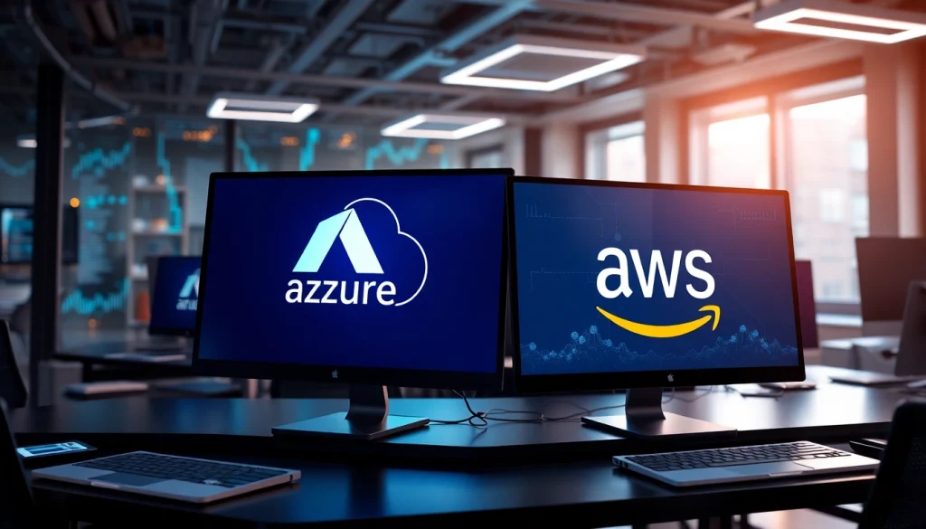 Illustration of Azure & AWS Integration depicted through interlinked logos and technology elements in a modern office.