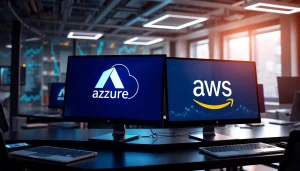 Illustration of Azure & AWS Integration depicted through interlinked logos and technology elements in a modern office.