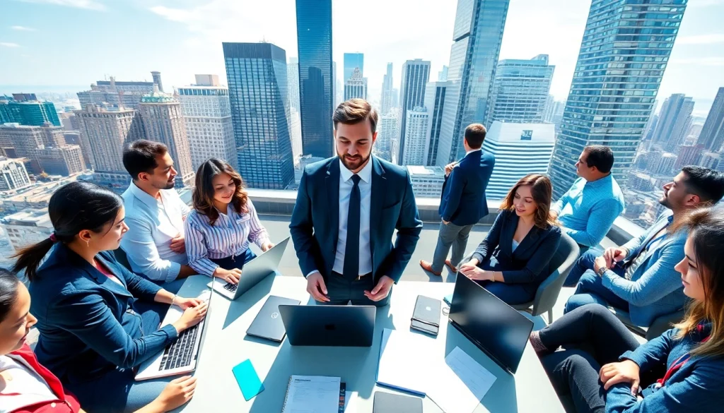 Find a job in Chicago with professionals networking against a city skyline.