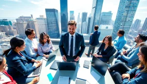 Find a job in Chicago with professionals networking against a city skyline.