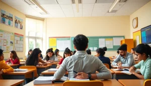 Students engaging with interactive materials in a vibrant Education-focused classroom.