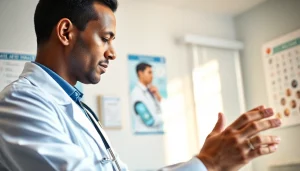 Health professional compassionately examining a patient in a modern clinic setting.