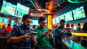 Engaged bettors comparing the best sportsbooks Brazil in a vibrant sports lounge atmosphere.