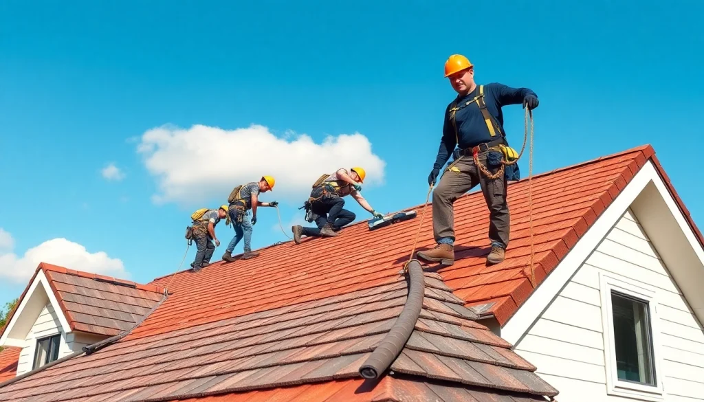 Professional roofing services demonstrated by expert contractors on a residential home.