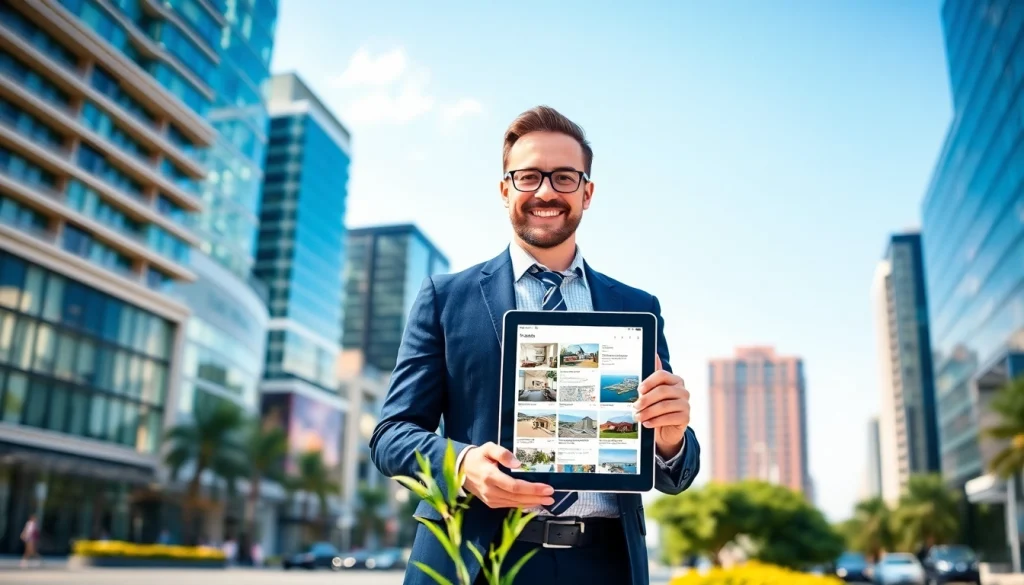 Real Estate agent showcasing listings in an urban environment with modern buildings.