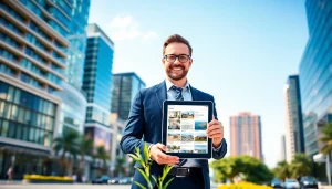 Real Estate agent showcasing listings in an urban environment with modern buildings.