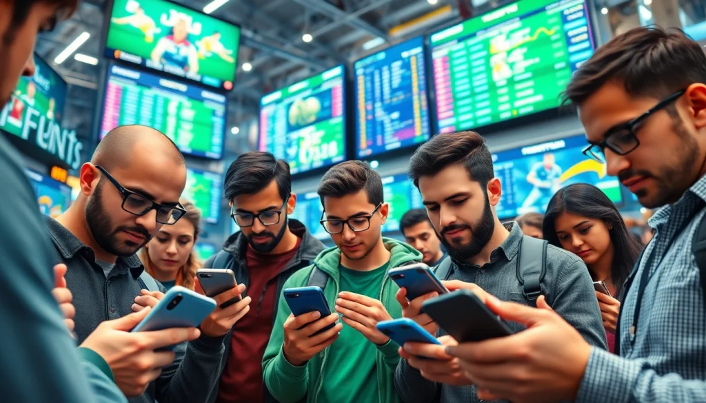 Engaged users exploring online sportsbooks India on mobile devices in a dynamic urban environment.