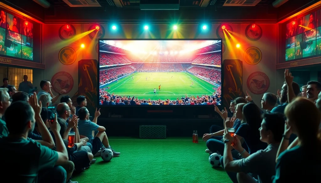 축구중계를 위한 라이브 매치 화면과 흥미진진한 팬들로 가득한 스포츠 바의 멋진 장면