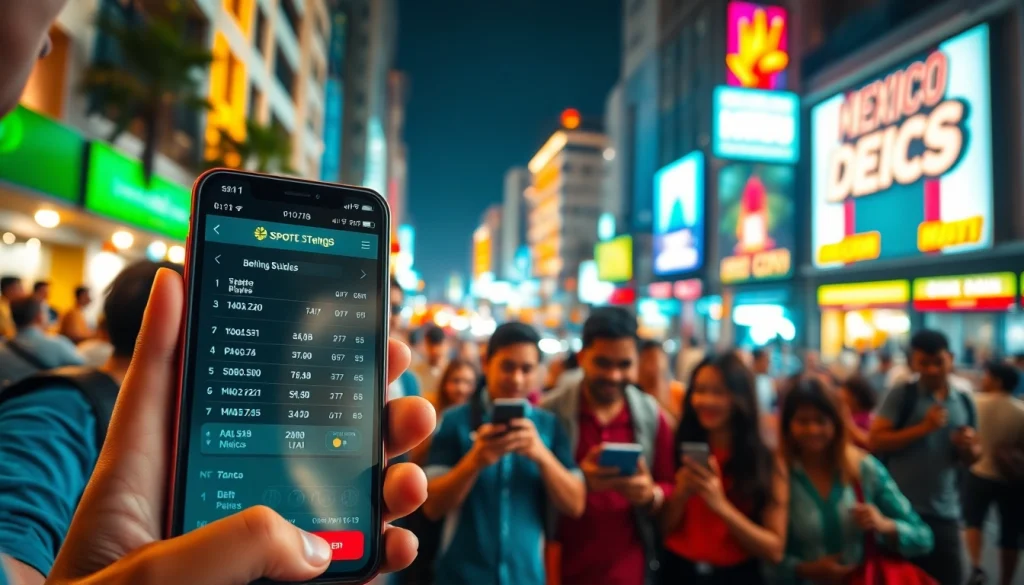 Engaging scene of sports betting Mexico with bettors using smartphones amidst a vibrant city.