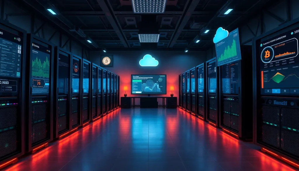 The best cloud mining facility showcasing advanced cryptocurrency mining rigs and real-time profit data in an innovative environment.