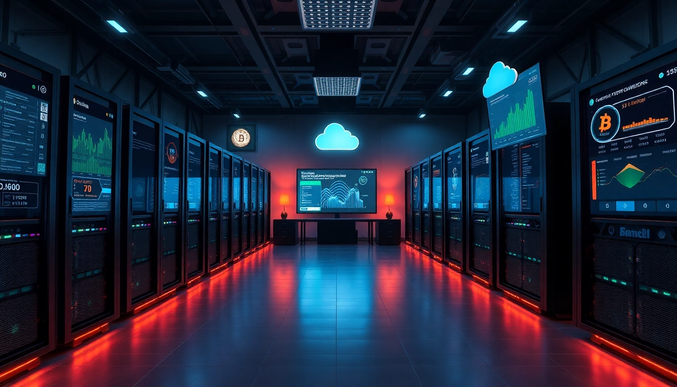 The best cloud mining facility showcasing advanced cryptocurrency mining rigs and real-time profit data in an innovative environment.