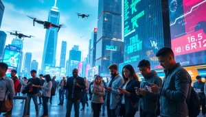 Showcasing Technology in a vibrant urban setting with diverse individuals interacting with devices.