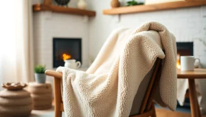 Fleece deken mooi over een houten stoel in een gezellige woonkamer met een open haard.