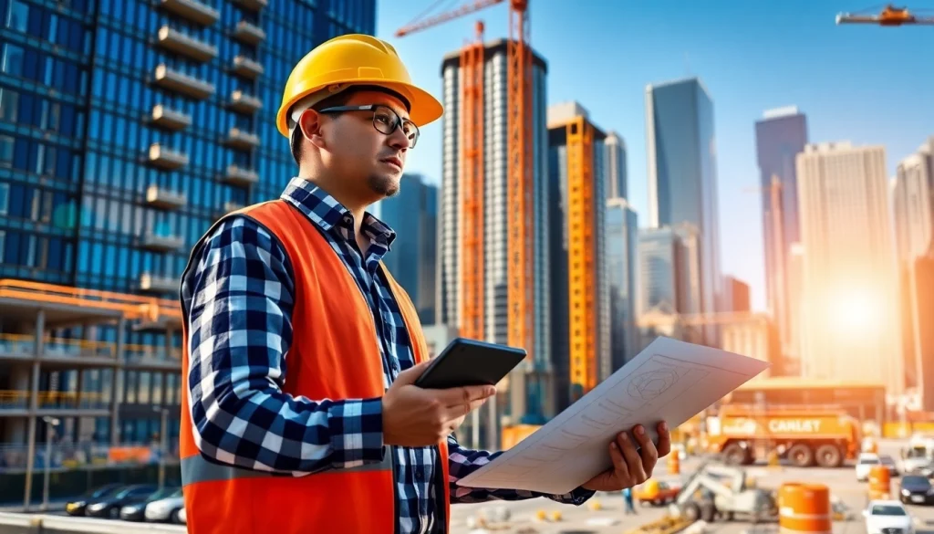 Manhattan Construction Manager directing a bustling construction site with urban skyline in view.