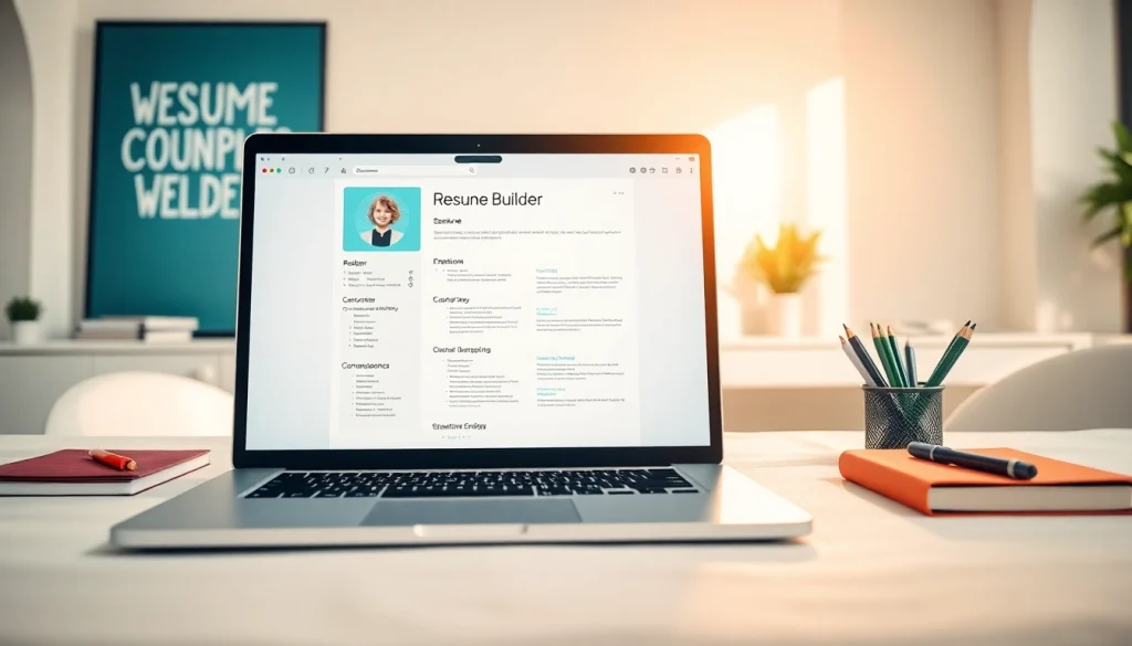 Design your Resume Builder on a laptop, showcasing a colorful template and a professional workspace.