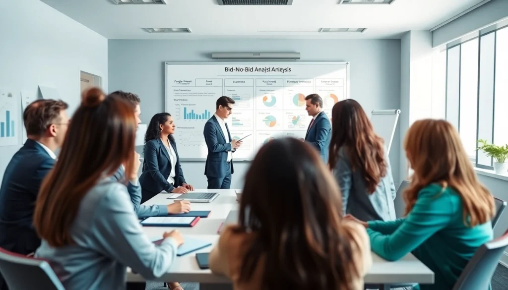 Engaged team conducting Bid-No-Bid Analysis. in a modern meeting room with decision-making tools.