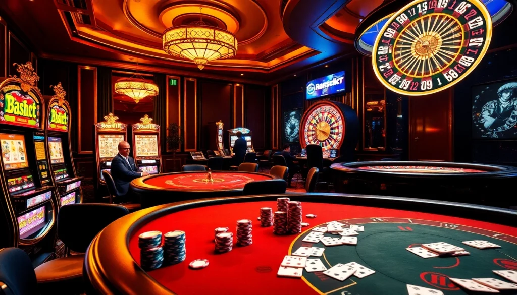 Spectacular gambling scene at https://shbet.law/ featuring poker tables and vibrant slot machines.