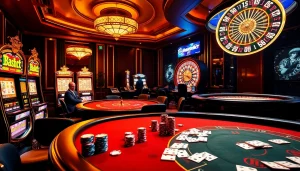 Spectacular gambling scene at https://shbet.law/ featuring poker tables and vibrant slot machines.