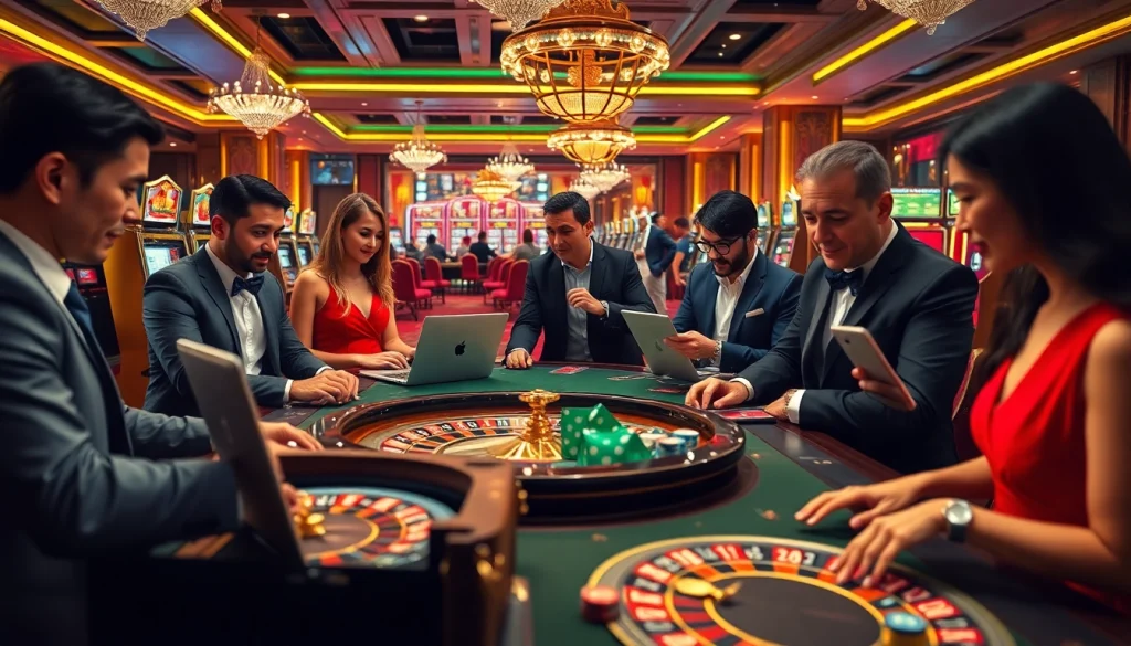 Experience the thrill of ev88 online gaming with players engaging at vibrant casino tables and sleek slot machines.